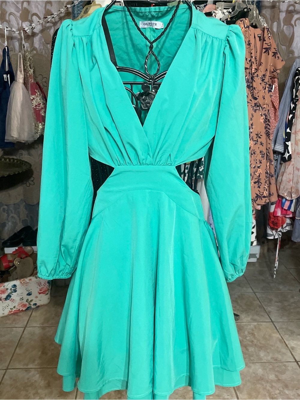 Green Long-Sleeve V-Neck Fit & Flare Dress